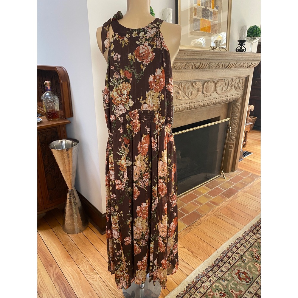 Alexa B Brown Floral Lurex Maxi Dress 16W NWT Tie Shoulder Halter Siz
